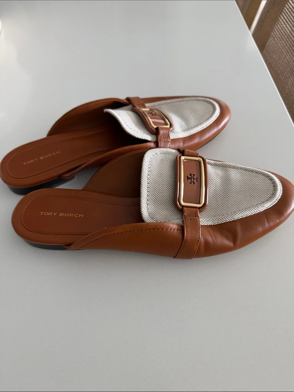 Tory Burch Brown Leather & Cream Canvas Buckle Mules